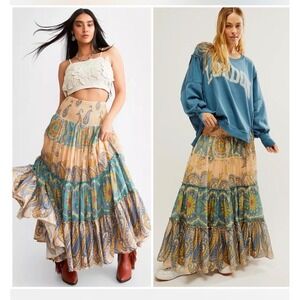 Free People Canyon Rose Tiered Maxi Skirt - Boho Paisley Floral - Size M